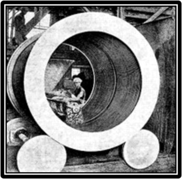 Concrete beling delivered into a spinning mould lined with reinforced steel mesh Circa 1930, courtesy of CSR Humes Pty Ltd [archive.maas.museum/australia_innovates]