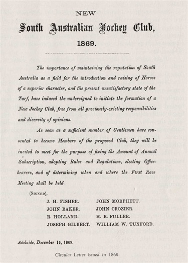 1869  SAJC  - From History and growth of the South Australia Jockey Club, 1955