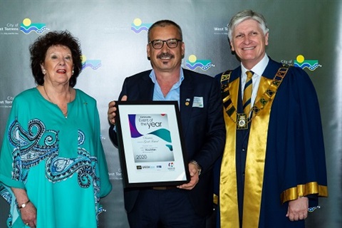 community_event_of_the_year_-_dimitria_greek_festival_-_evan_tsiaparis_accepts_award_with_carole_whitelock_and_mayor_coxon
