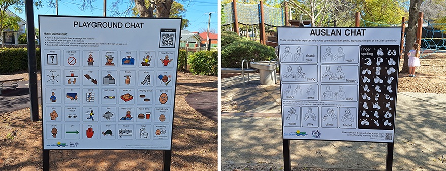 Double sided communication board in Memorial Gardens playground. Chat boards.jpg