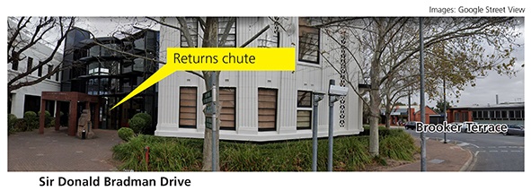 After hour return chute - Sir Donald Bradman Drive.jpg